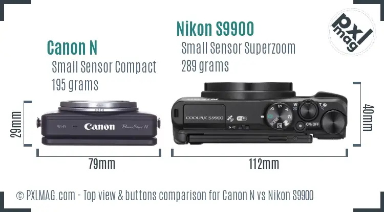 Canon N vs Nikon S9900 top view buttons comparison