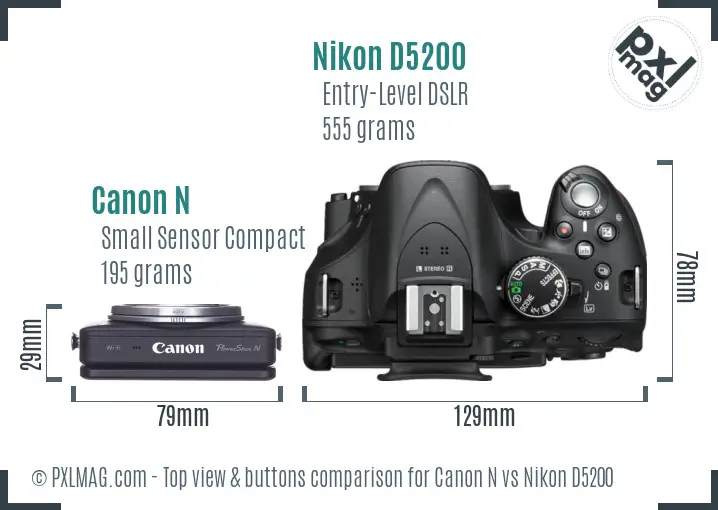 Canon N vs Nikon D5200 top view buttons comparison