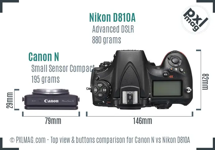 Canon N vs Nikon D810A top view buttons comparison