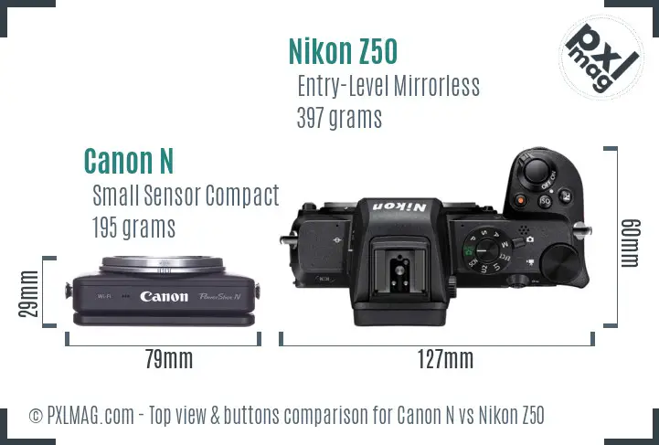 Canon N vs Nikon Z50 top view buttons comparison