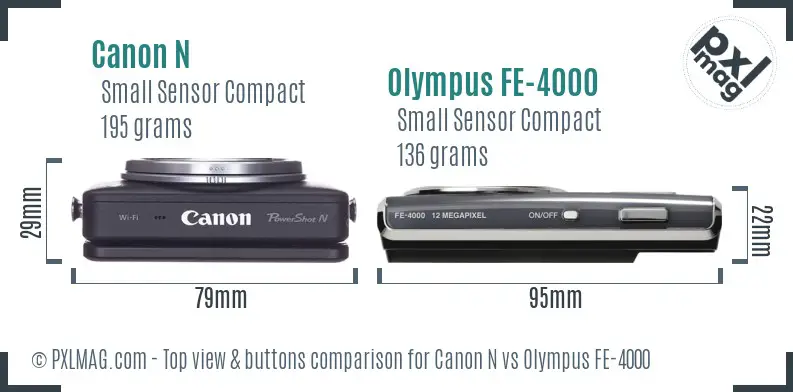 Canon N vs Olympus FE-4000 top view buttons comparison