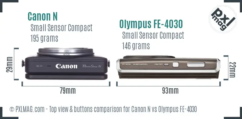 Canon N vs Olympus FE-4030 top view buttons comparison Canon N vs Olympus FE-4030 top view buttons comparison
