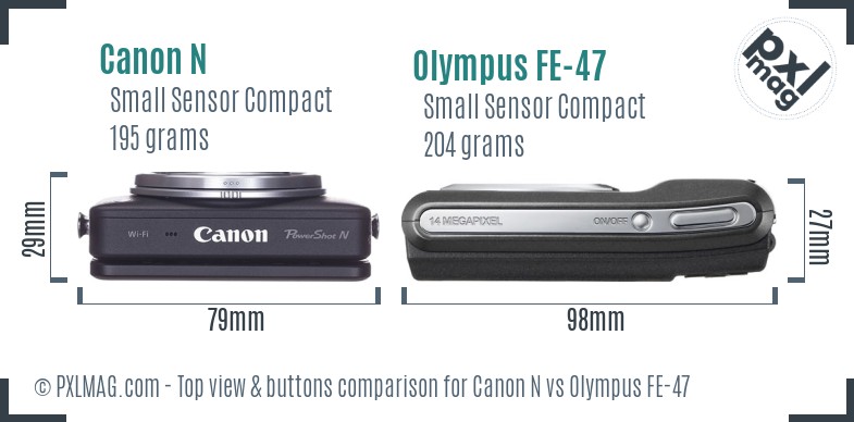Canon N vs Olympus FE-47 top view buttons comparison
