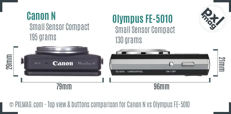 Canon N vs Olympus FE-5010 top view buttons comparison