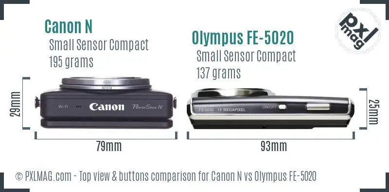 Canon N vs Olympus FE-5020 top view buttons comparison