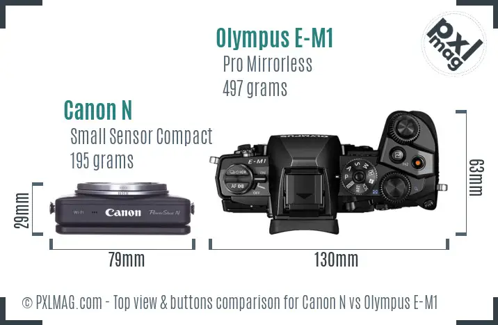 Canon N vs Olympus E-M1 top view buttons comparison