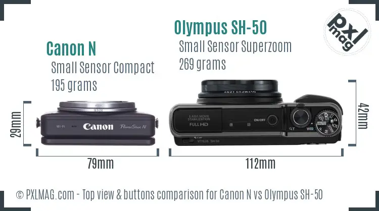 Canon N vs Olympus SH-50 top view buttons comparison Canon N vs Olympus SH-50 top view buttons comparison