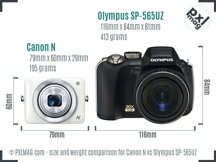 Canon N vs Olympus SP-565UZ size comparison Canon N vs Olympus SP-565UZ size comparison