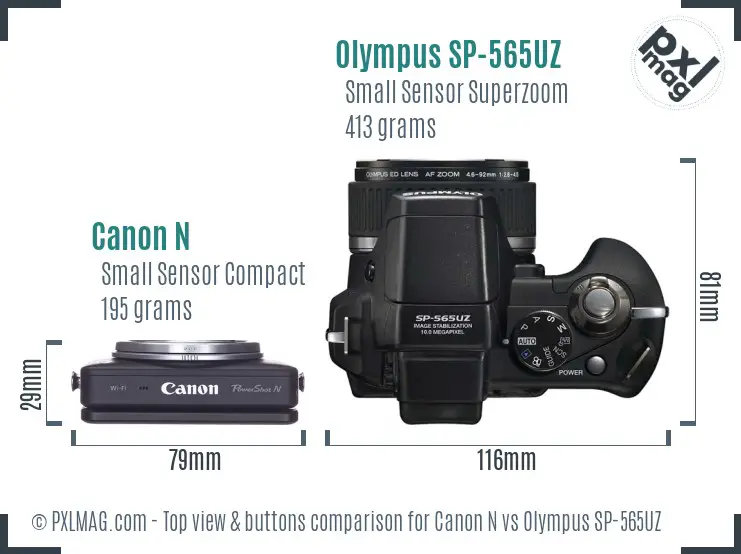 Canon N vs Olympus SP-565UZ top view buttons comparison Canon N vs Olympus SP-565UZ top view buttons comparison