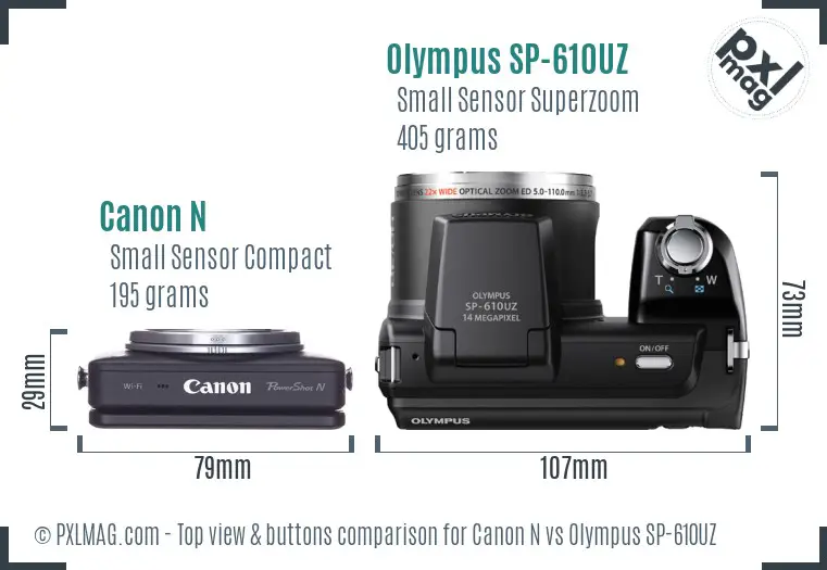 Canon N vs Olympus SP-610UZ top view buttons comparison