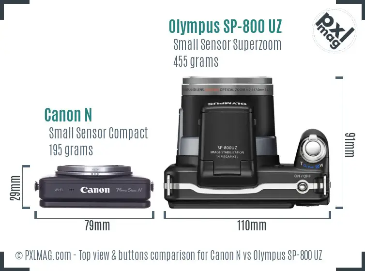 Canon N vs Olympus SP-800 UZ top view buttons comparison Canon N vs Olympus SP-800 UZ top view buttons comparison