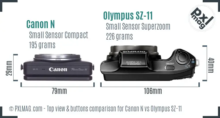 Canon N vs Olympus SZ-11 top view buttons comparison