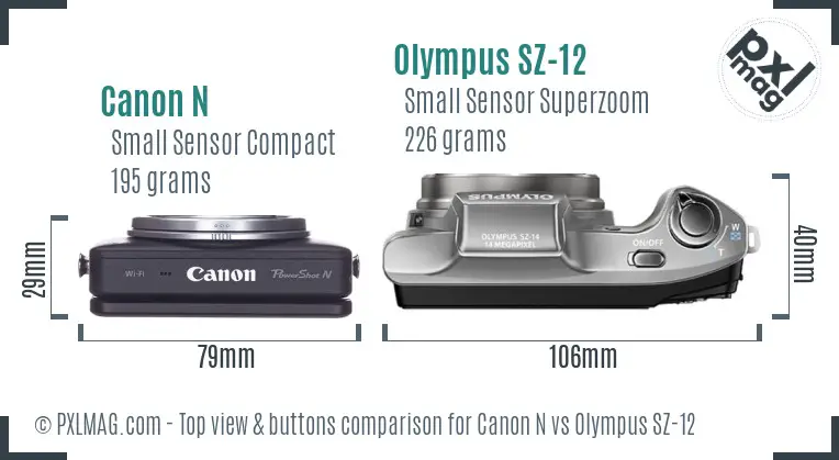 Canon N vs Olympus SZ-12 top view buttons comparison