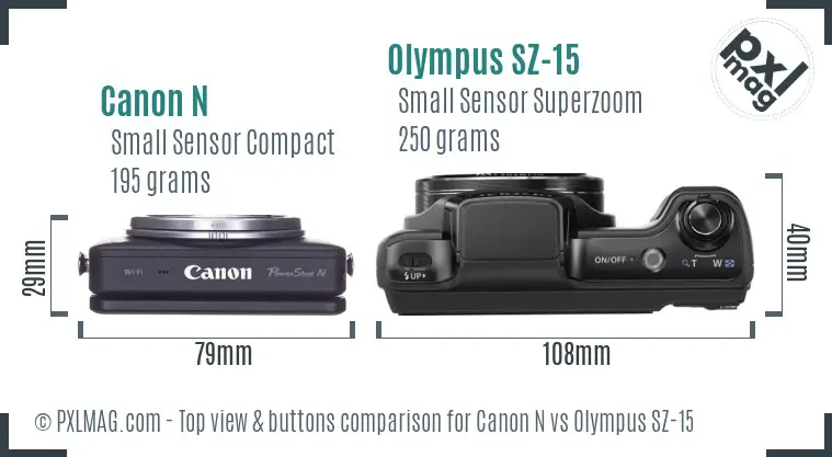 Canon N vs Olympus SZ-15 top view buttons comparison