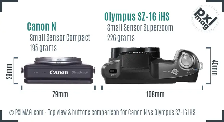 Canon N vs Olympus SZ-16 iHS top view buttons comparison
