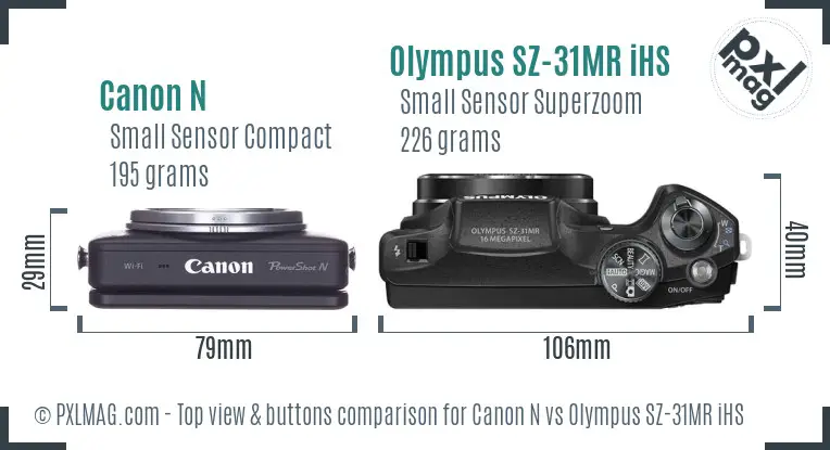 Canon N vs Olympus SZ-31MR iHS top view buttons comparison