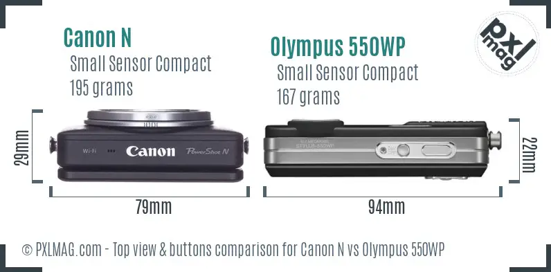 Canon N vs Olympus 550WP top view buttons comparison