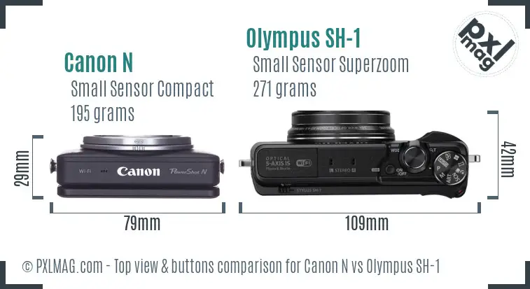 Canon N vs Olympus SH-1 top view buttons comparison