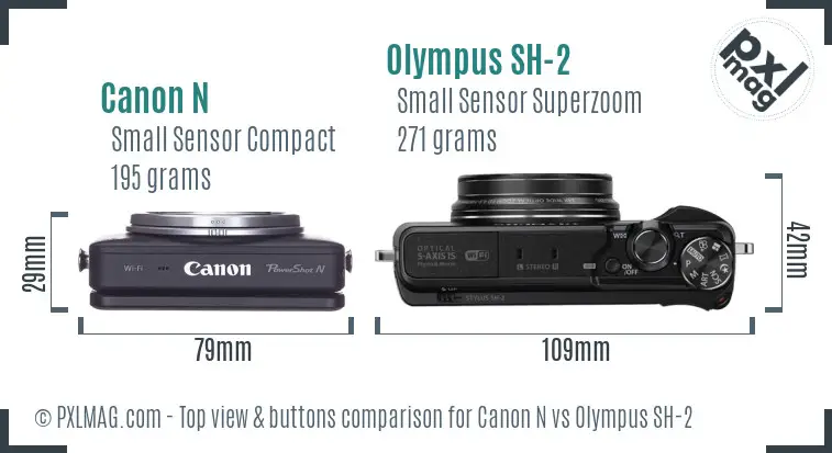 Canon N vs Olympus SH-2 top view buttons comparison