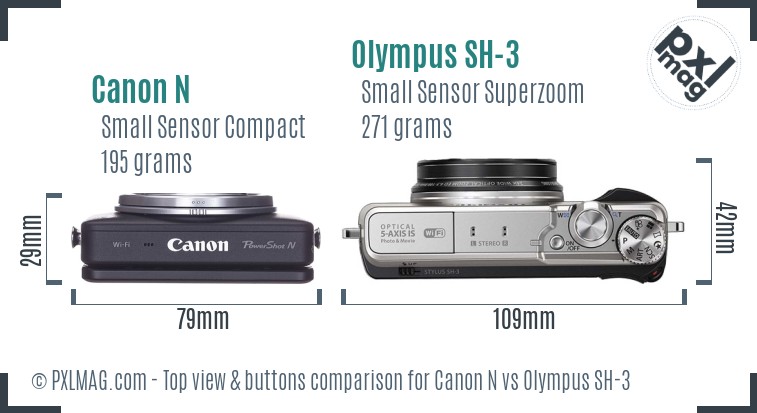 Canon N vs Olympus SH-3 top view buttons comparison