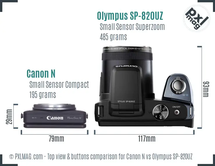 Canon N vs Olympus SP-820UZ top view buttons comparison Canon N vs Olympus SP-820UZ top view buttons comparison