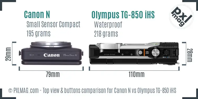 Canon N vs Olympus TG-850 iHS top view buttons comparison