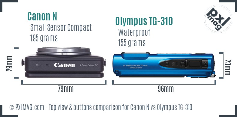 Canon N vs Olympus TG-310 top view buttons comparison