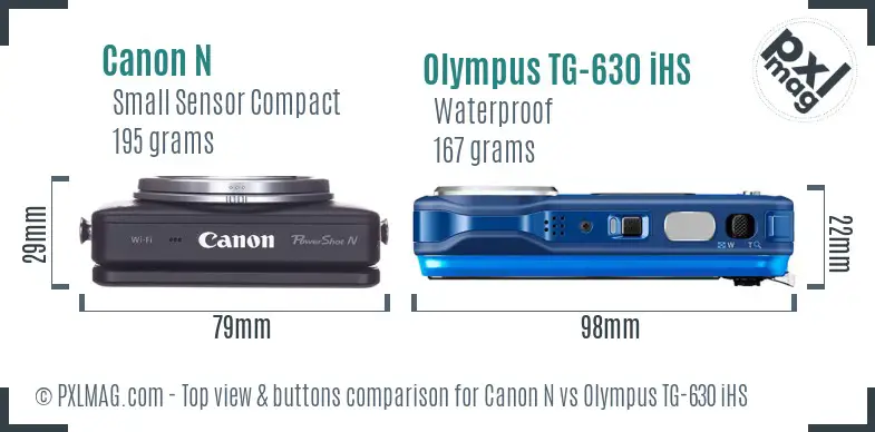 Canon N vs Olympus TG-630 iHS top view buttons comparison