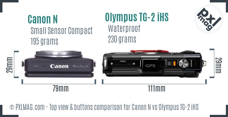 Canon N vs Olympus TG-2 iHS top view buttons comparison