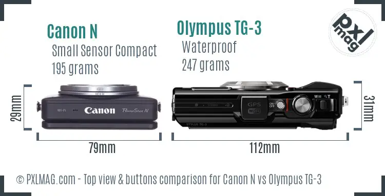 Canon N vs Olympus TG-3 top view buttons comparison