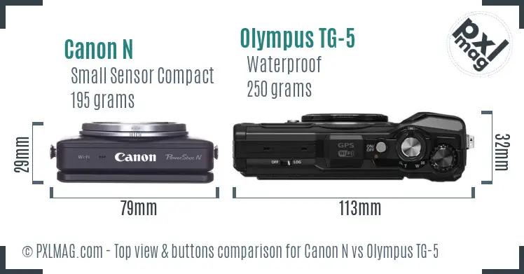 Canon N vs Olympus TG-5 top view buttons comparison