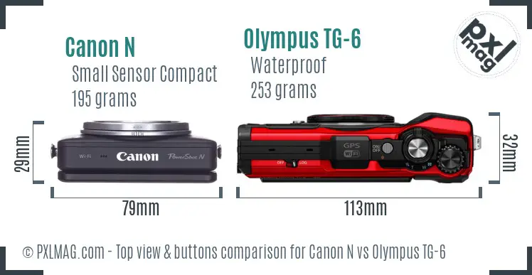 Canon N vs Olympus TG-6 top view buttons comparison Canon N vs Olympus TG-6 top view buttons comparison