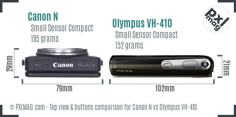 Canon N vs Olympus VH-410 top view buttons comparison