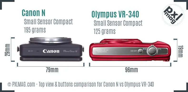 Canon N vs Olympus VR-340 top view buttons comparison