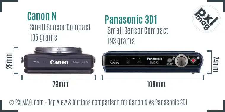 Canon N vs Panasonic 3D1 top view buttons comparison