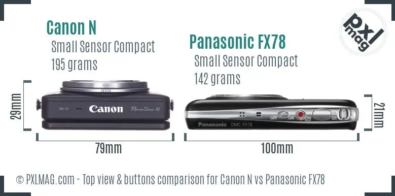 Canon N vs Panasonic FX78 top view buttons comparison Canon N vs Panasonic FX78 top view buttons comparison