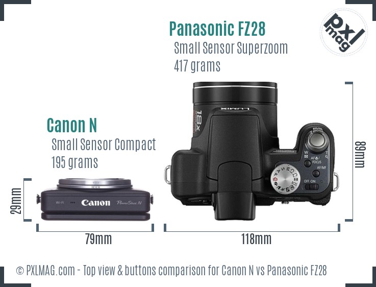 Canon N vs Panasonic FZ28 top view buttons comparison