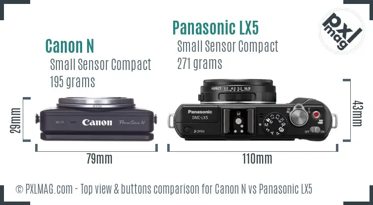 Canon N vs Panasonic LX5 top view buttons comparison