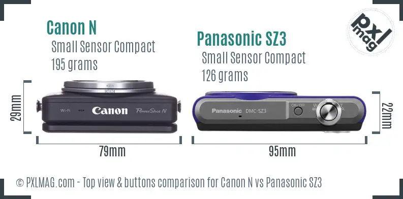 Canon N vs Panasonic SZ3 top view buttons comparison