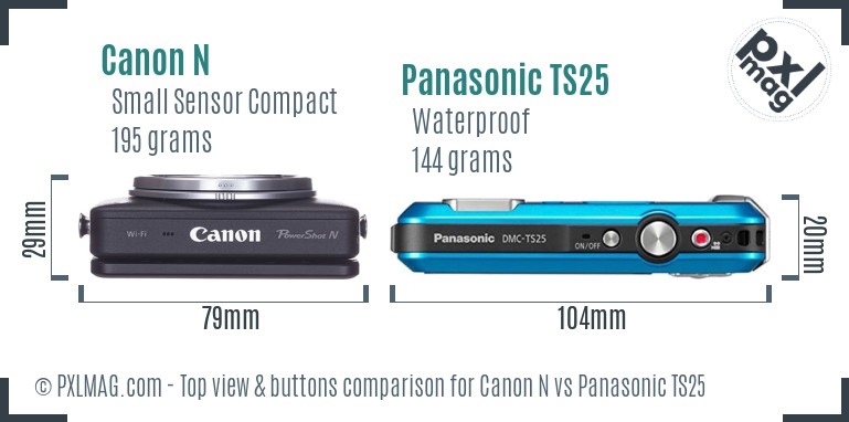 Canon N vs Panasonic TS25 top view buttons comparison