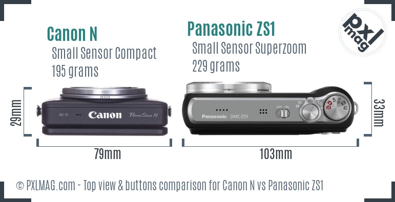Canon N vs Panasonic ZS1 top view buttons comparison
