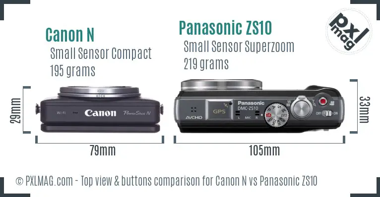 Canon N vs Panasonic ZS10 top view buttons comparison Canon N vs Panasonic ZS10 top view buttons comparison
