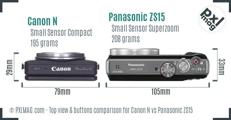Canon N vs Panasonic ZS15 top view buttons comparison