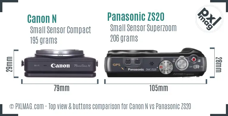 Canon N vs Panasonic ZS20 top view buttons comparison