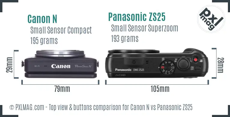 Canon N vs Panasonic ZS25 top view buttons comparison