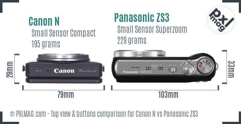 Canon N vs Panasonic ZS3 top view buttons comparison