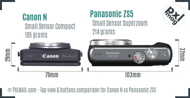 Canon N vs Panasonic ZS5 top view buttons comparison Canon N vs Panasonic ZS5 top view buttons comparison
