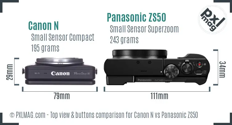 Canon N vs Panasonic ZS50 top view buttons comparison