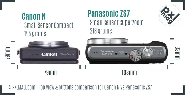Canon N vs Panasonic ZS7 top view buttons comparison