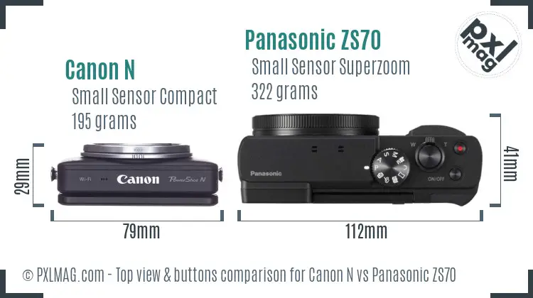 Canon N vs Panasonic ZS70 top view buttons comparison